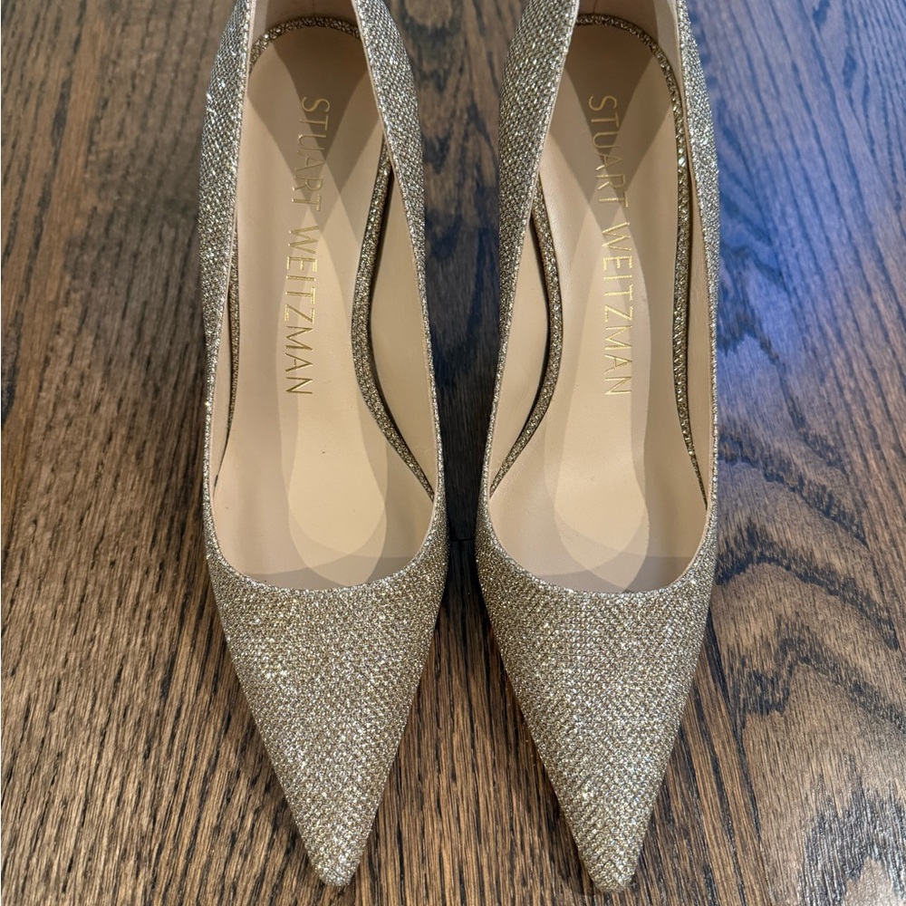 New Stuart Weitzman Power Gold Glitter Sparkle Heels Size 6.5